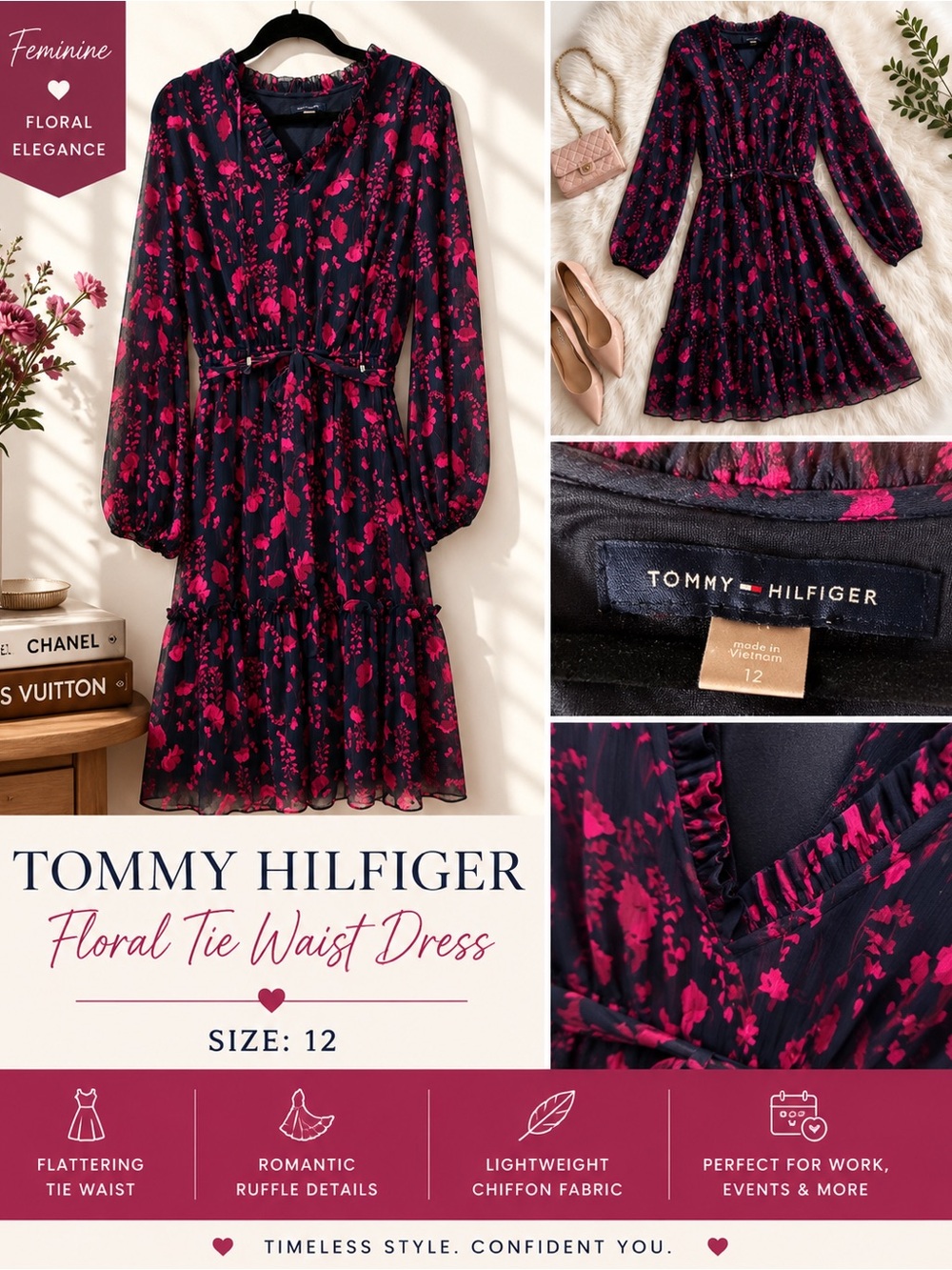 Tommy Hilfiger Navy and Fuchsia Floral Tie-Waist Chiffon Dress